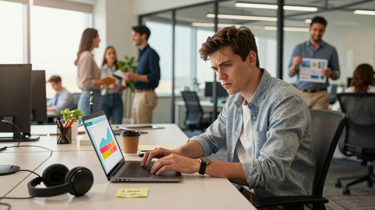 Homem trabalhando concentrado no laptop em escritório moderno com colegas conversando ao fundo.