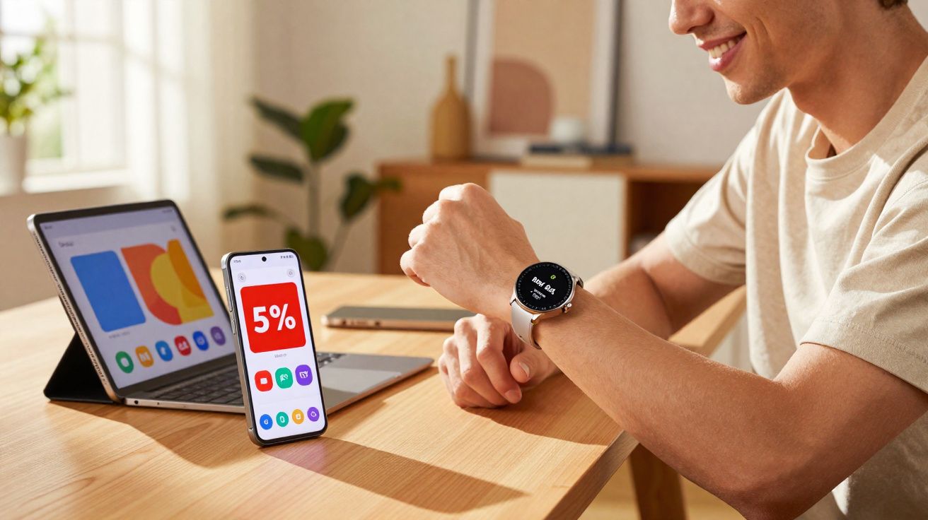 Homem sorri olhando para relógio inteligente sentado à mesa com tablet e celular mostrando 5% de bateria.