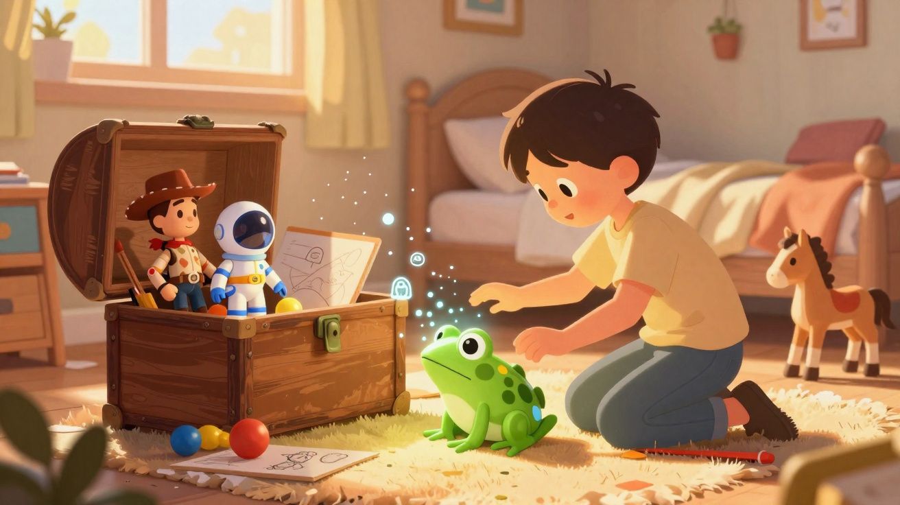 Menino ajoelhado brincando com sapo verde no quarto iluminado, com baú de brinquedos aberto ao lado.