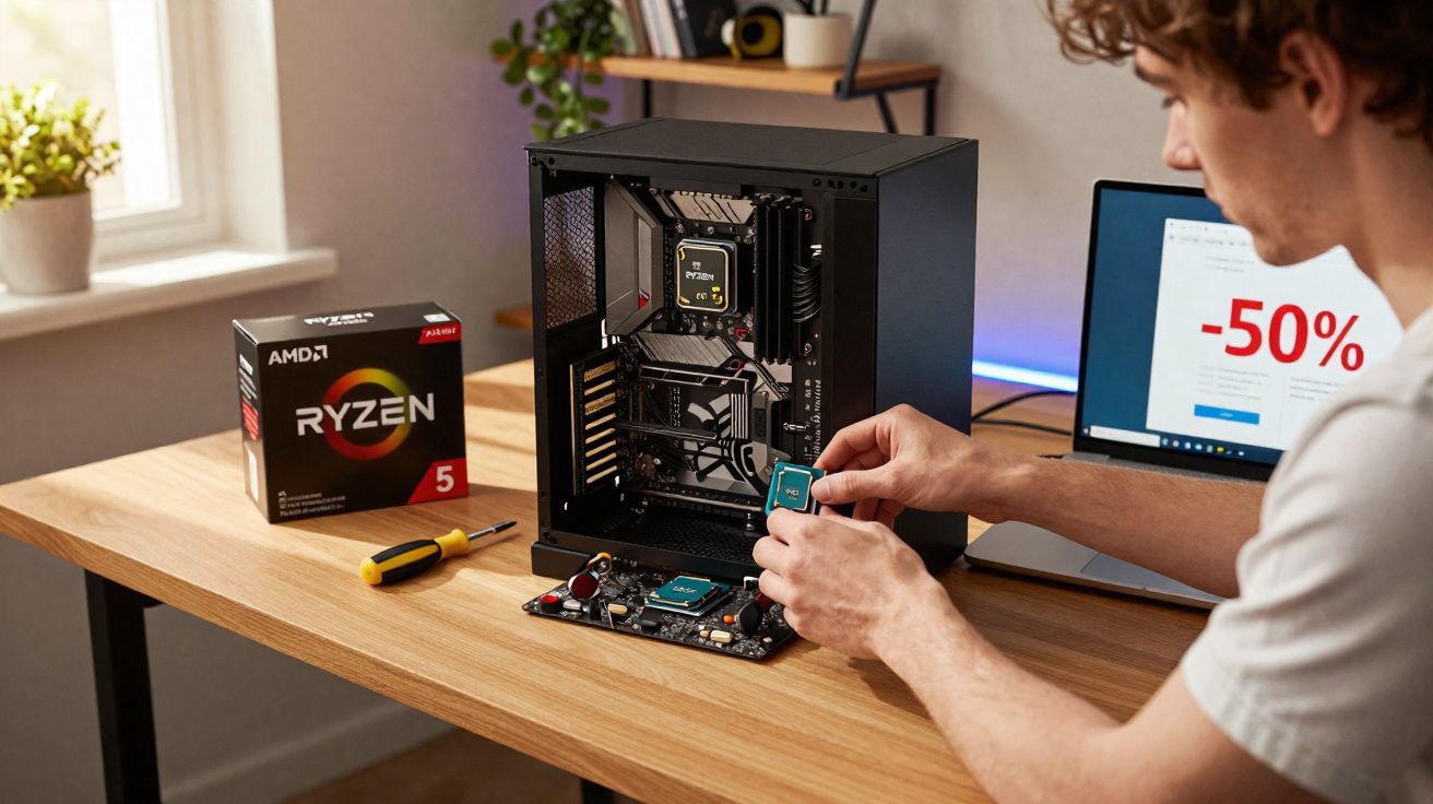 Pessoa montando computador com processador AMD Ryzen 5 na mesa, ao lado de laptop com desconto de 50% na tela.