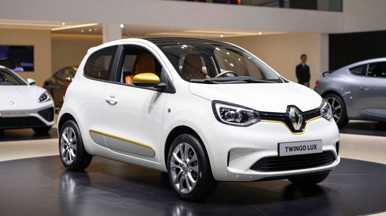 Carro branco Renault Twingo Lux exposto em salão de automóveis, destaque para detalhes amarelos e interior marrom.