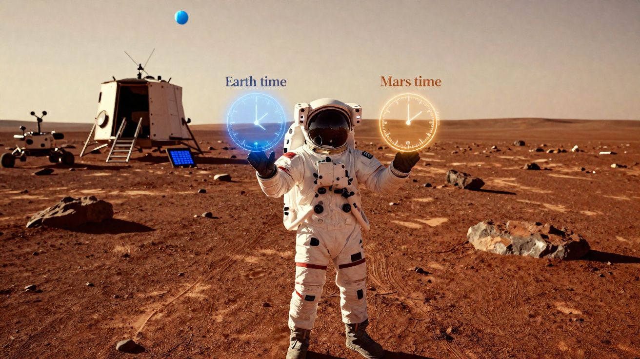 Astronauta em Marte segurando relógios holográficos que mostram horário da Terra e de Marte.