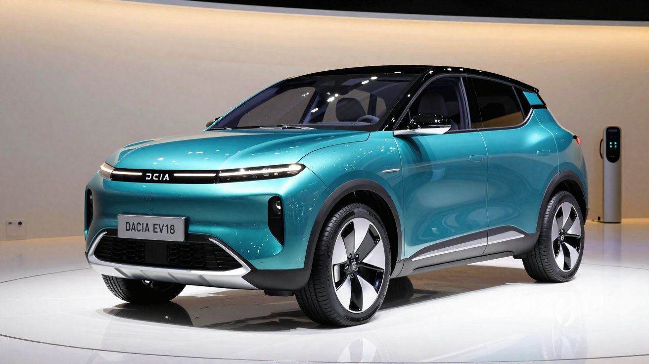 Carro elétrico Dacia EV18 azul com teto preto exibido em ambiente interno moderno e iluminado.