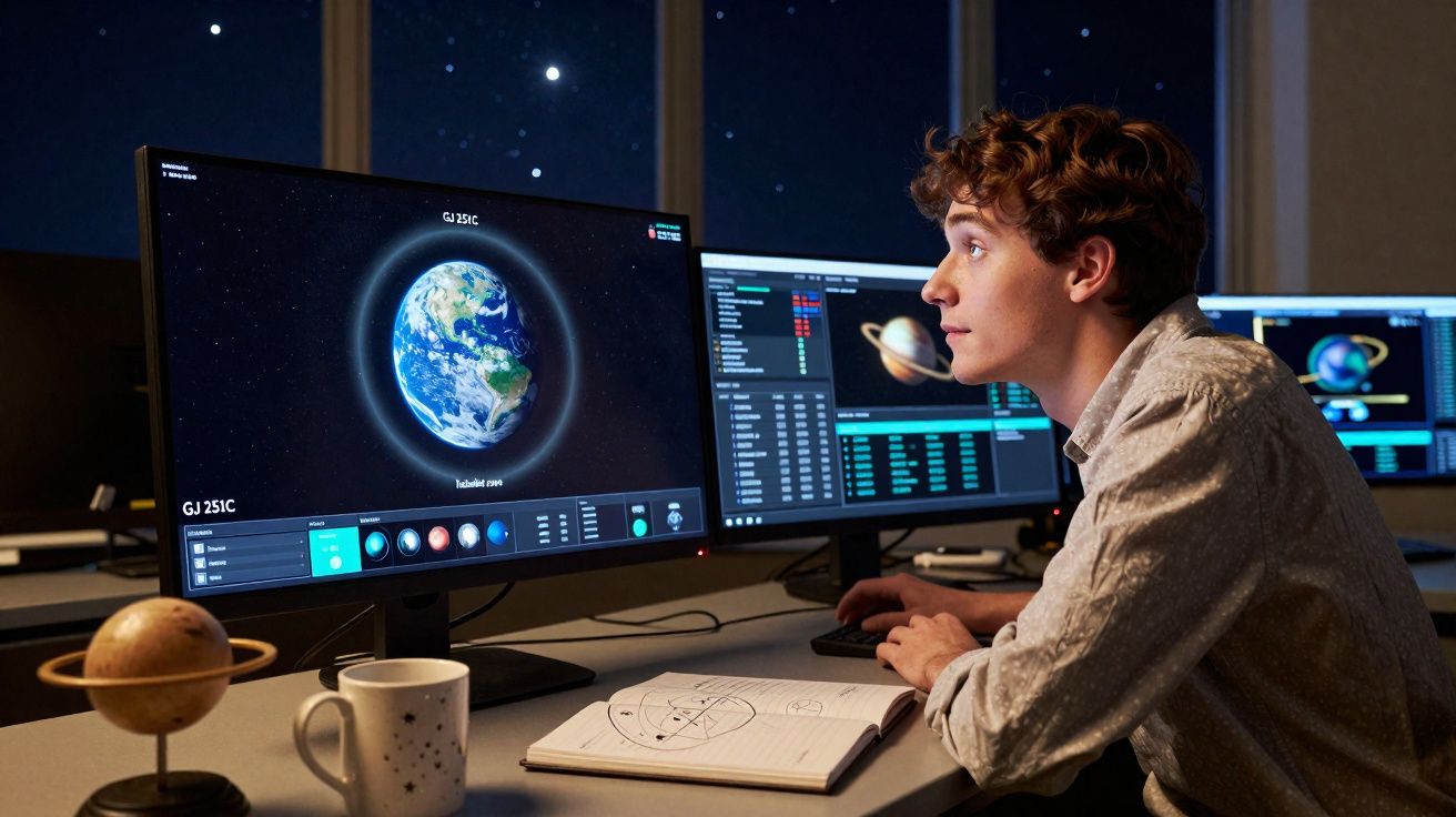 Jovem observando imagens da Terra e planetas em três monitores durante a noite em ambiente de estudo.