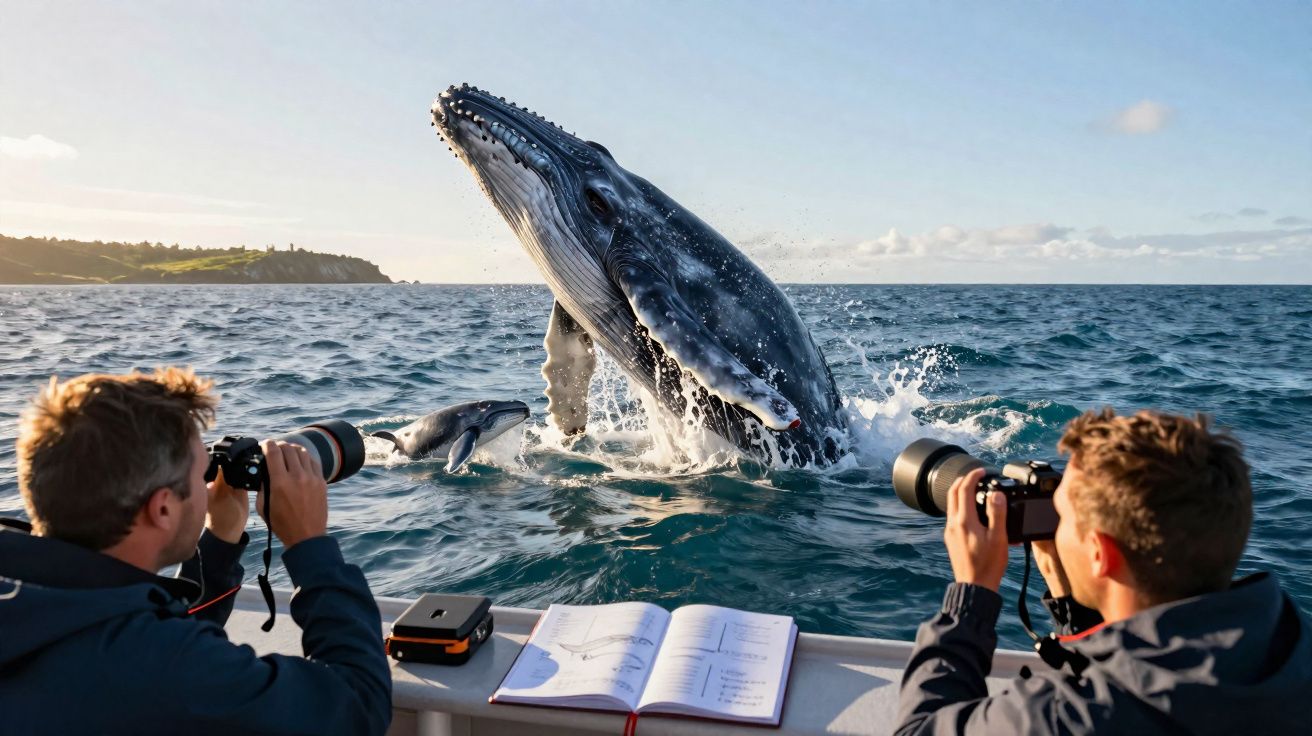 Dois fotógrafos em barco capturam baleia jubarte saltando próximo à superfície do mar durante o dia.