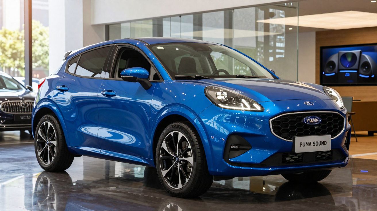 Carro SUV azul metálico Puma Sound exposto em showroom moderno com piso refletivo.