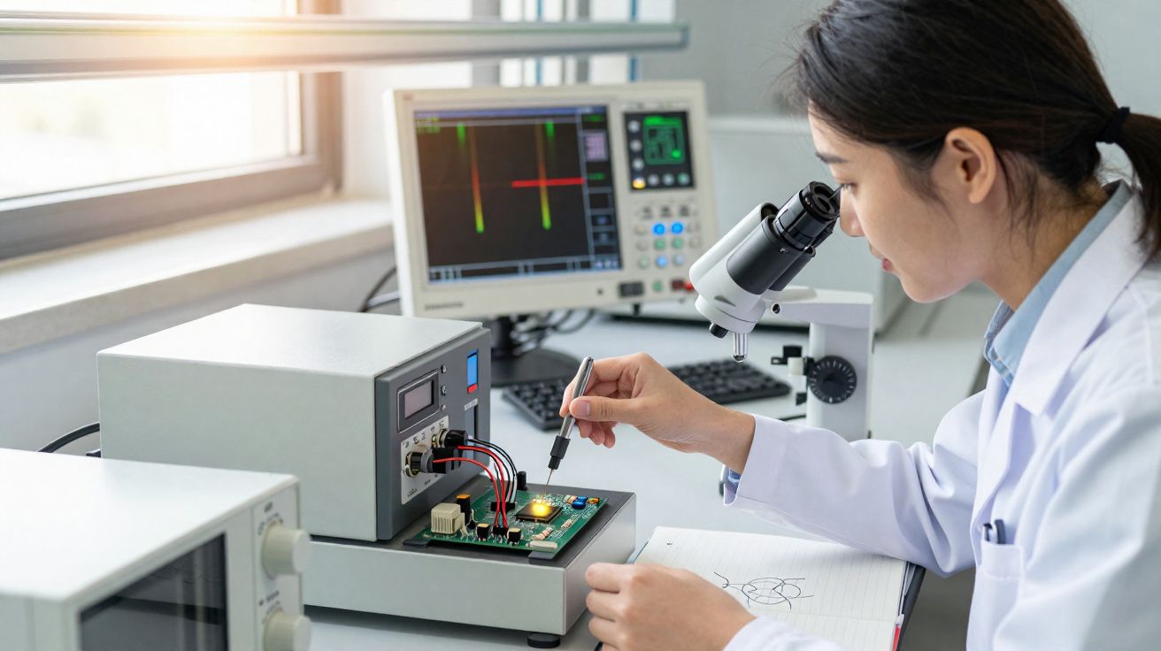 Mulher cientista usando microscópio e testando placa de circuito eletrônico em laboratório tecnológico.