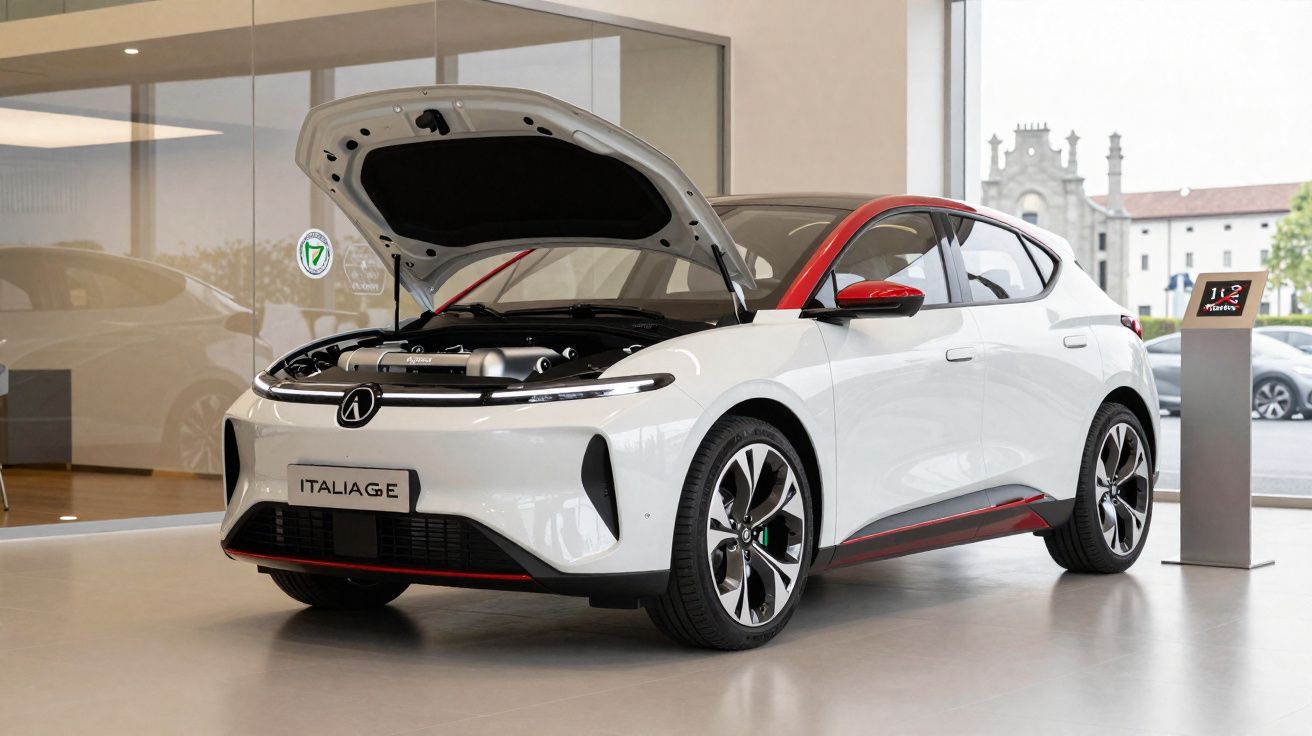 Carro elétrico branco com detalhes vermelhos, capô aberto, exibido em loja moderna com vidro ao fundo.