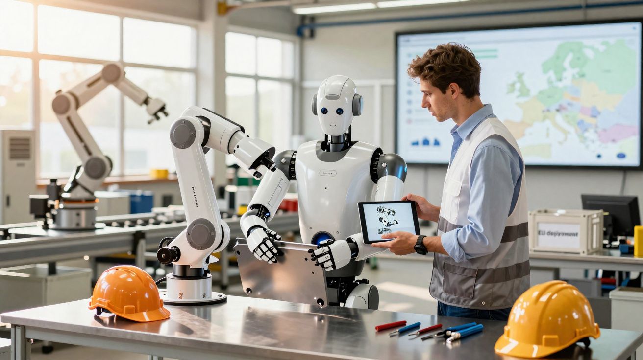 Engenheiro interage com robô humanoide em laboratório de automação industrial com braços robóticos.