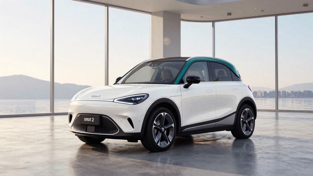 Carro elétrico branco Smart 2 com teto verde em showroom com vista para o mar e montanhas ao fundo.