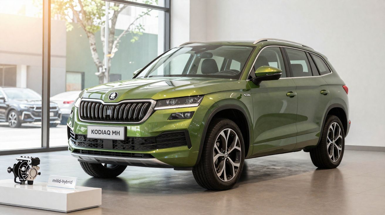 SUV verde Škoda Kodiaq MH exibido em showroom moderno com luz natural entrando pela janela.