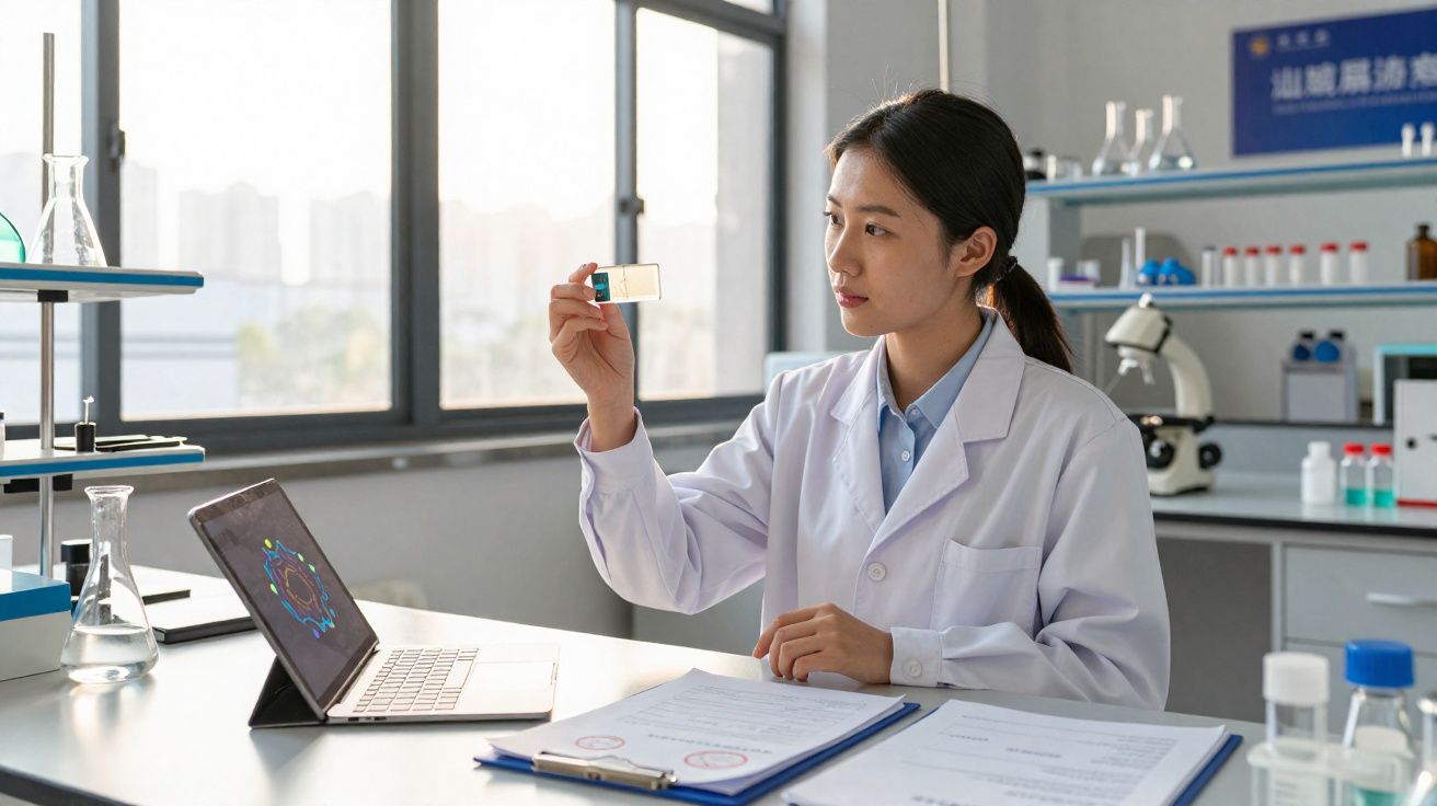 Mulher cientista em jaleco branco analisando lâmina de microscópio em laboratório moderno com laptop e equipamentos.