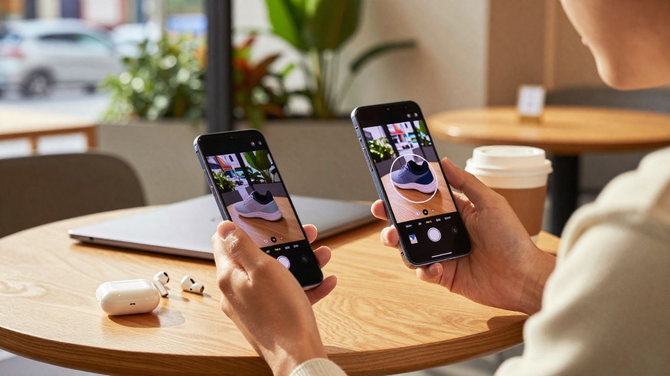 Pessoa segurando dois celulares com foto de tênis na tela, em mesa com laptop e fones de ouvido.