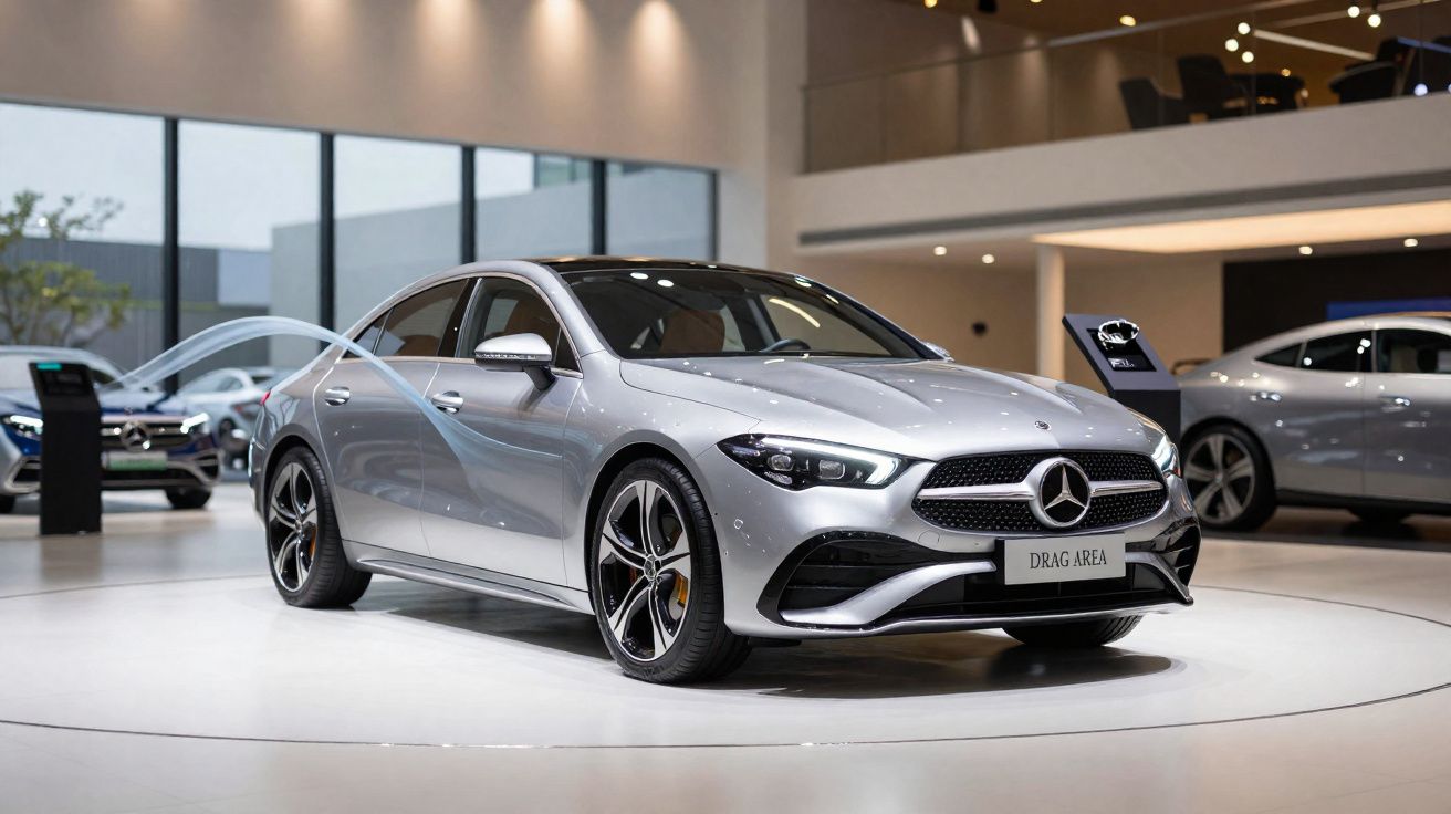 Carro prata Mercedes-Benz exposto em salão moderno com iluminação e outros veículos ao fundo.