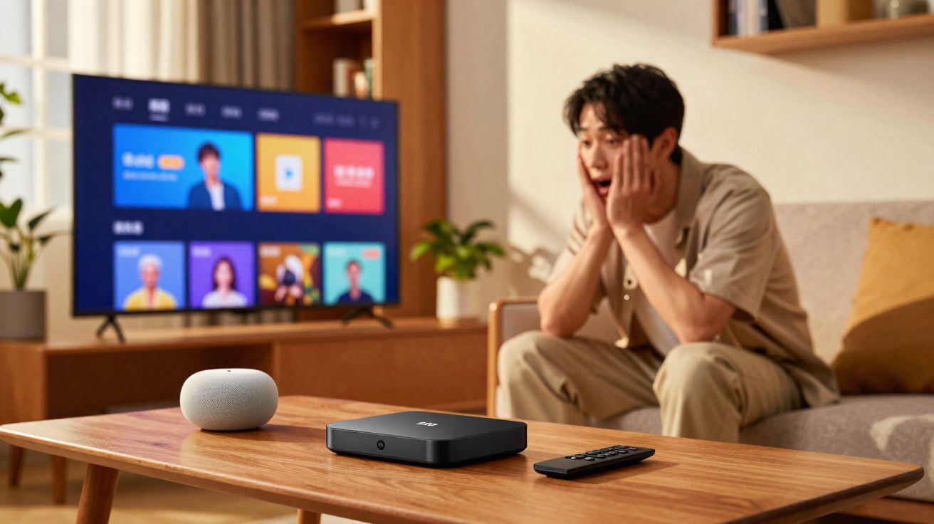 Homem feliz assistindo TV em sala moderna com dispositivo de streaming e controle na mesa de madeira.