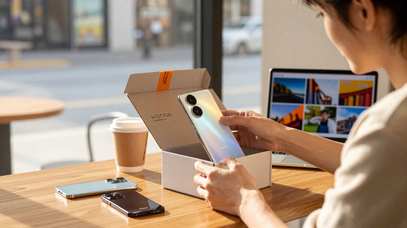 Pessoa tirando smartphone novo prateado da caixa em mesa com dois celulares e café ao lado.