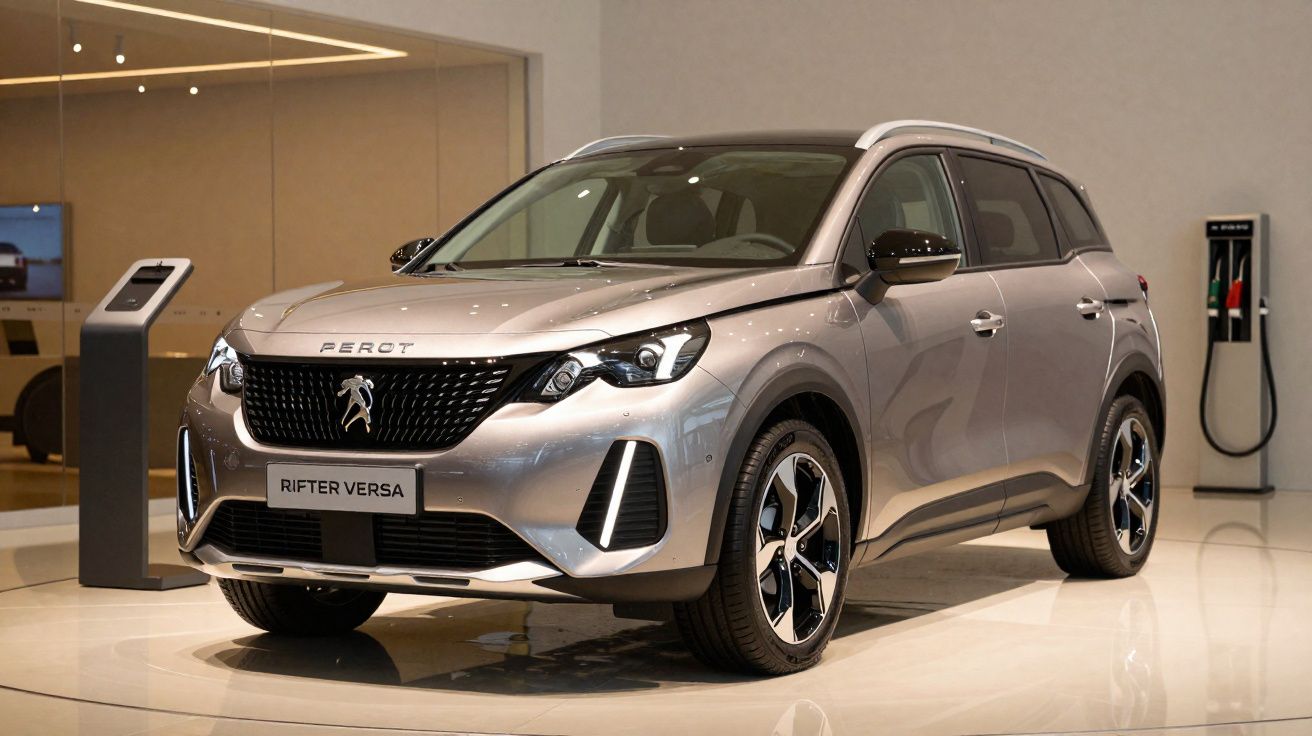 Carro SUV Peugeot Rifter Versa prata em exposição interna com bomba de combustível ao fundo.