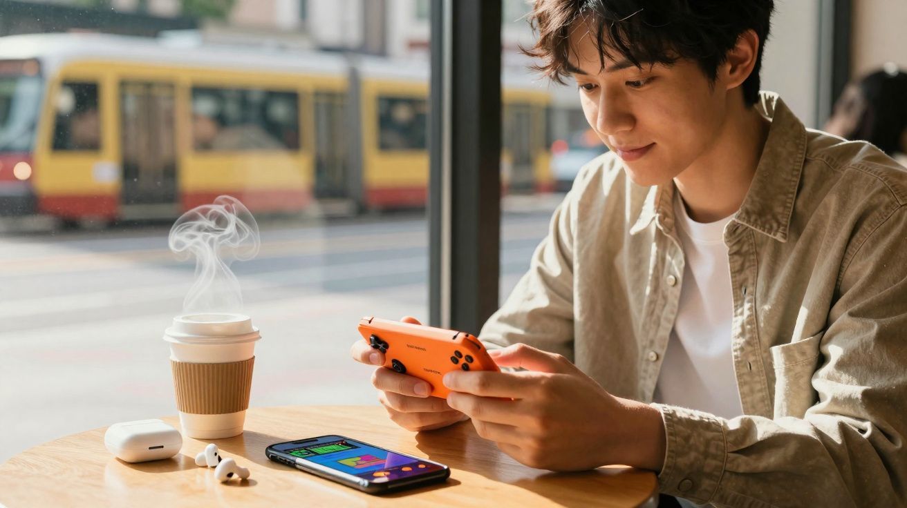Jovem jogando com console portátil laranja em café, com celular, fone e copo de café quente na mesa.