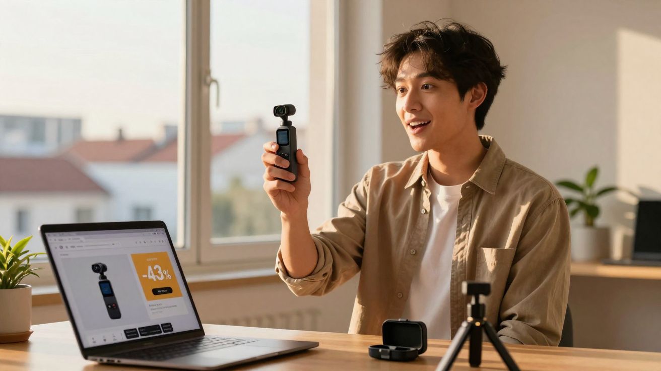 Jovem em uma mesa segurando câmera compacta em ambiente iluminado, com laptop aberto e tripé à frente.