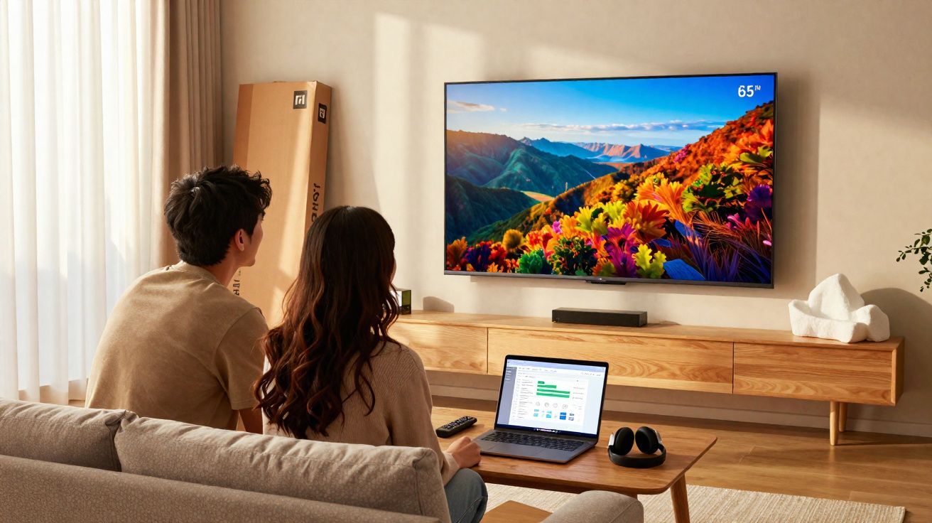 Casal sentado no sofá assiste TV 65 polegadas enquanto mulher usa laptop em sala iluminada.