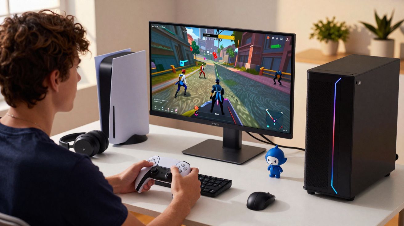 Pessoa jogando videogame em computador com controle, com consoles e acessórios ao redor da mesa.