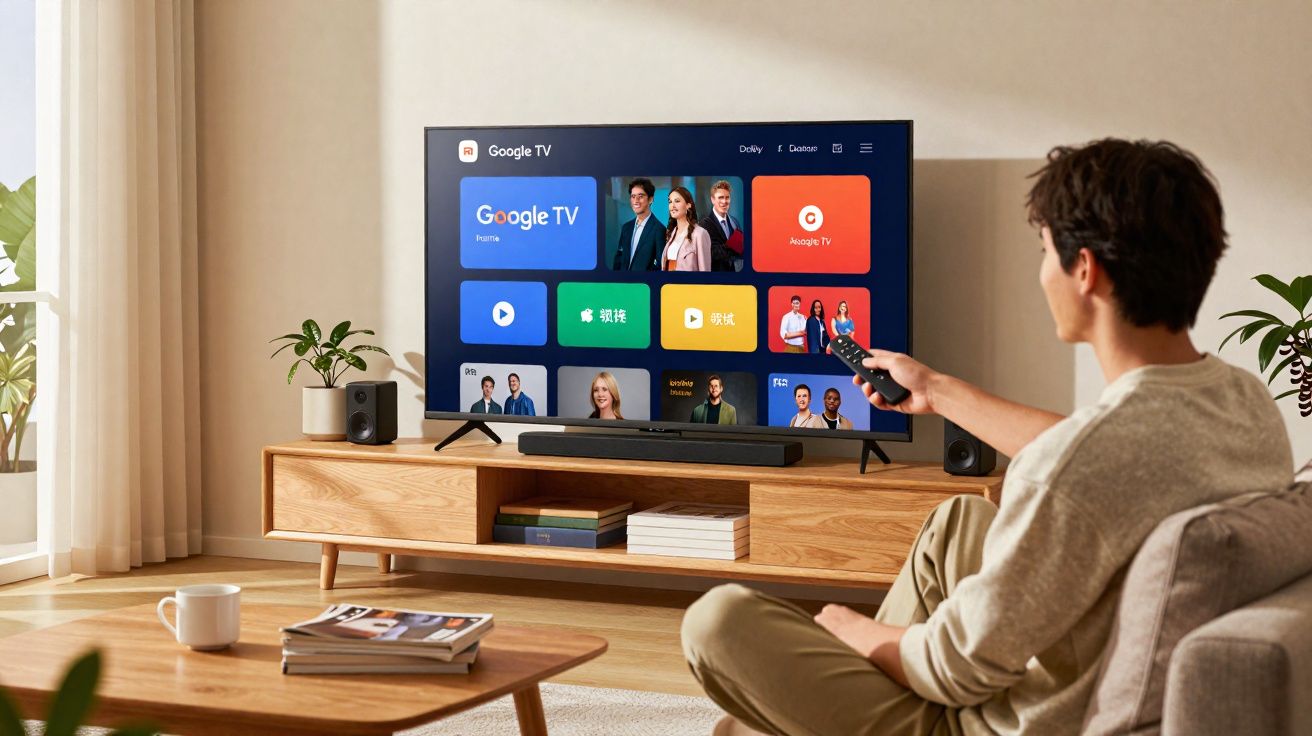 Homem sentado em sofá controlando Smart TV com interface Google TV em ambiente iluminado e aconchegante.