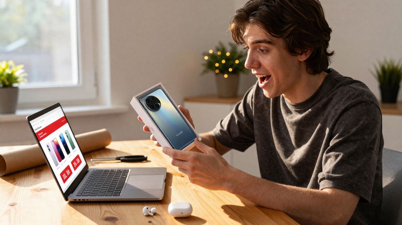 Jovem feliz abrindo caixa de celular novo em mesa com laptop e fones de ouvido.