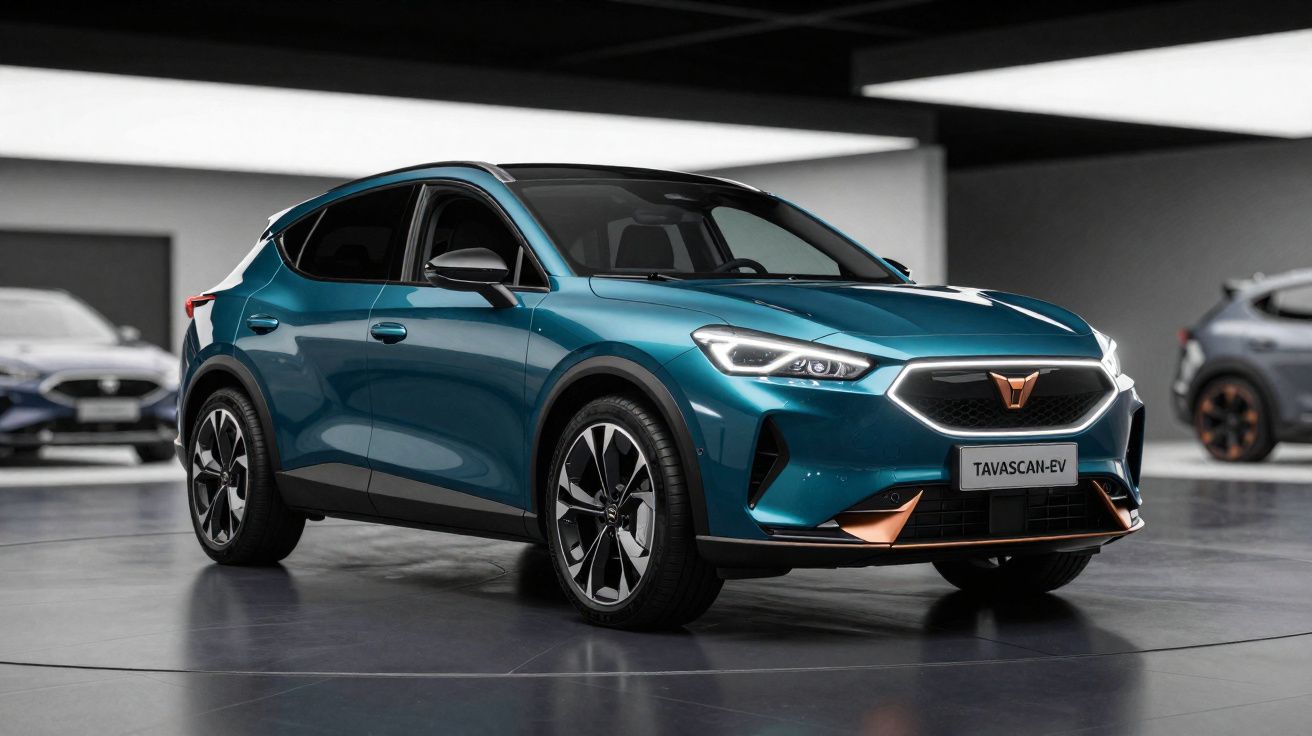 Carro SUV elétrico azul metálico Tavascan-EV em exposição futurista com iluminação suave.