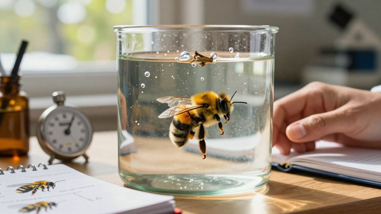 Abelha dentro de recipiente transparente com água em mesa de estudo com livros e relógio ao fundo.