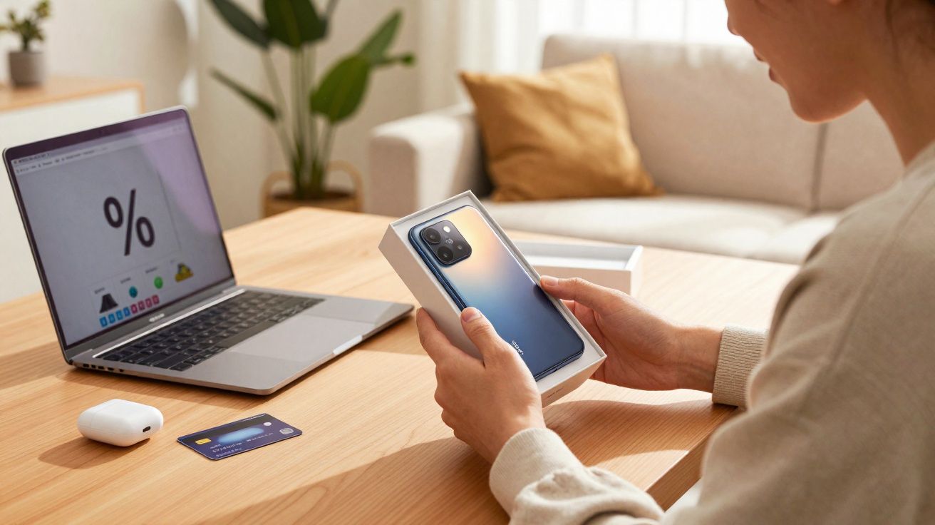 Pessoa segurando smartphone novo na embalagem, com laptop, fone e cartão de crédito sobre mesa de madeira.