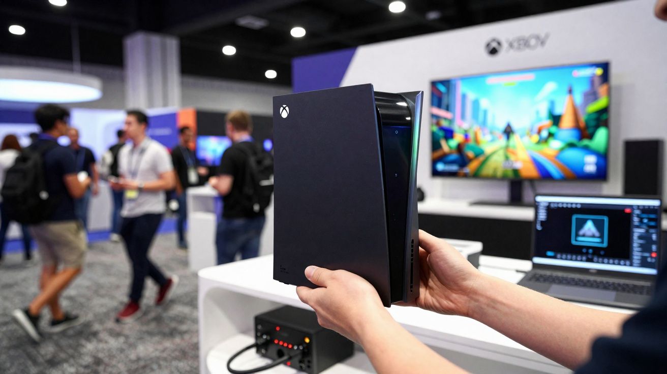 Pessoa segurando console Xbox Series X em evento com pessoas e telas ao fundo.