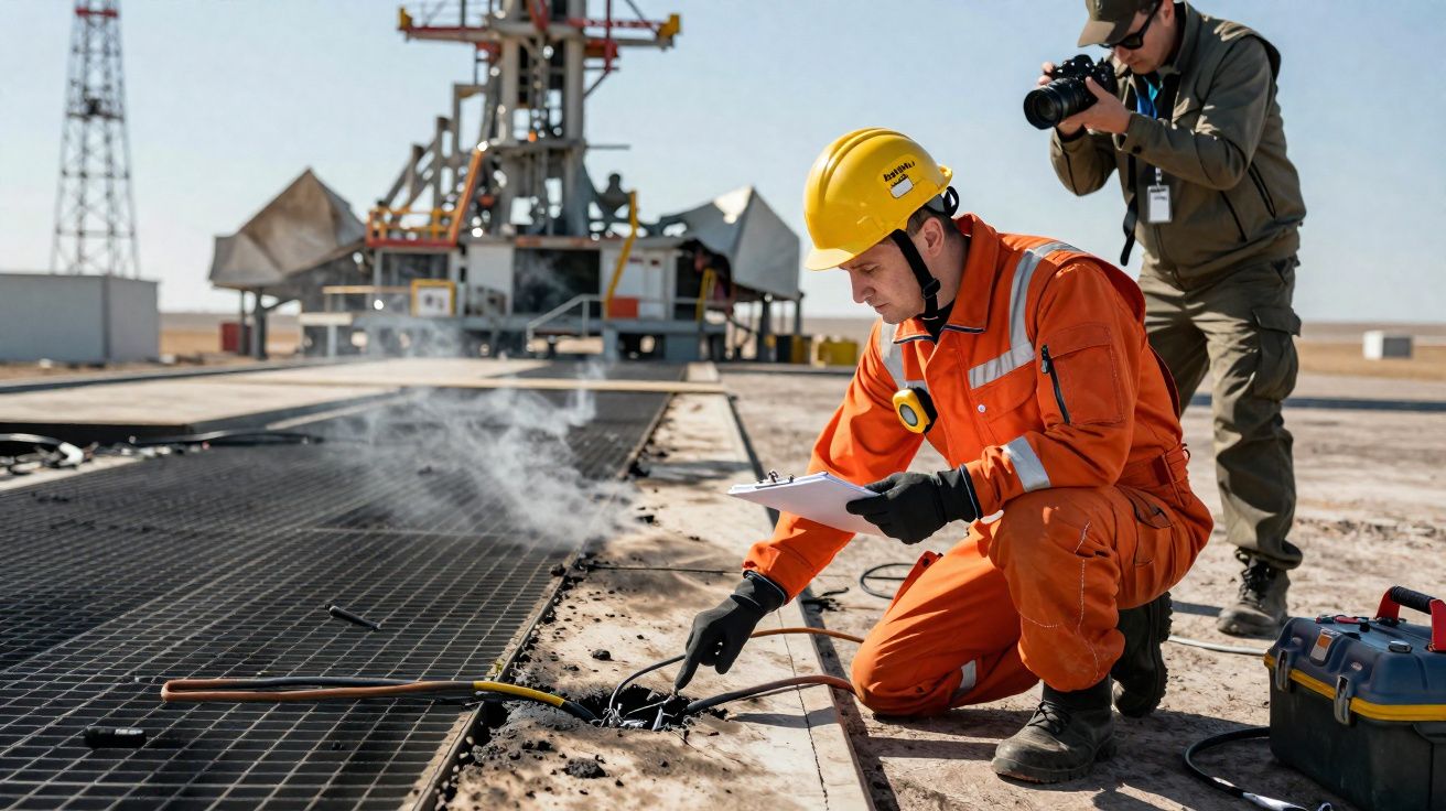Técnico em roupa de segurança e capacete amarelo inspeciona equipamento em plataforma industrial enquanto fotógrafo registra 