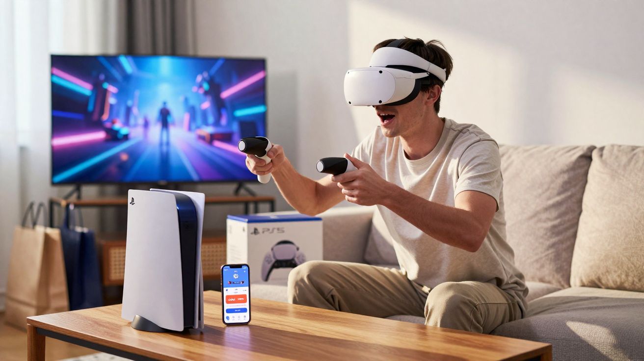 Jovem usando óculos de realidade virtual e controles, jogando videogame na sala com console PlayStation 5.