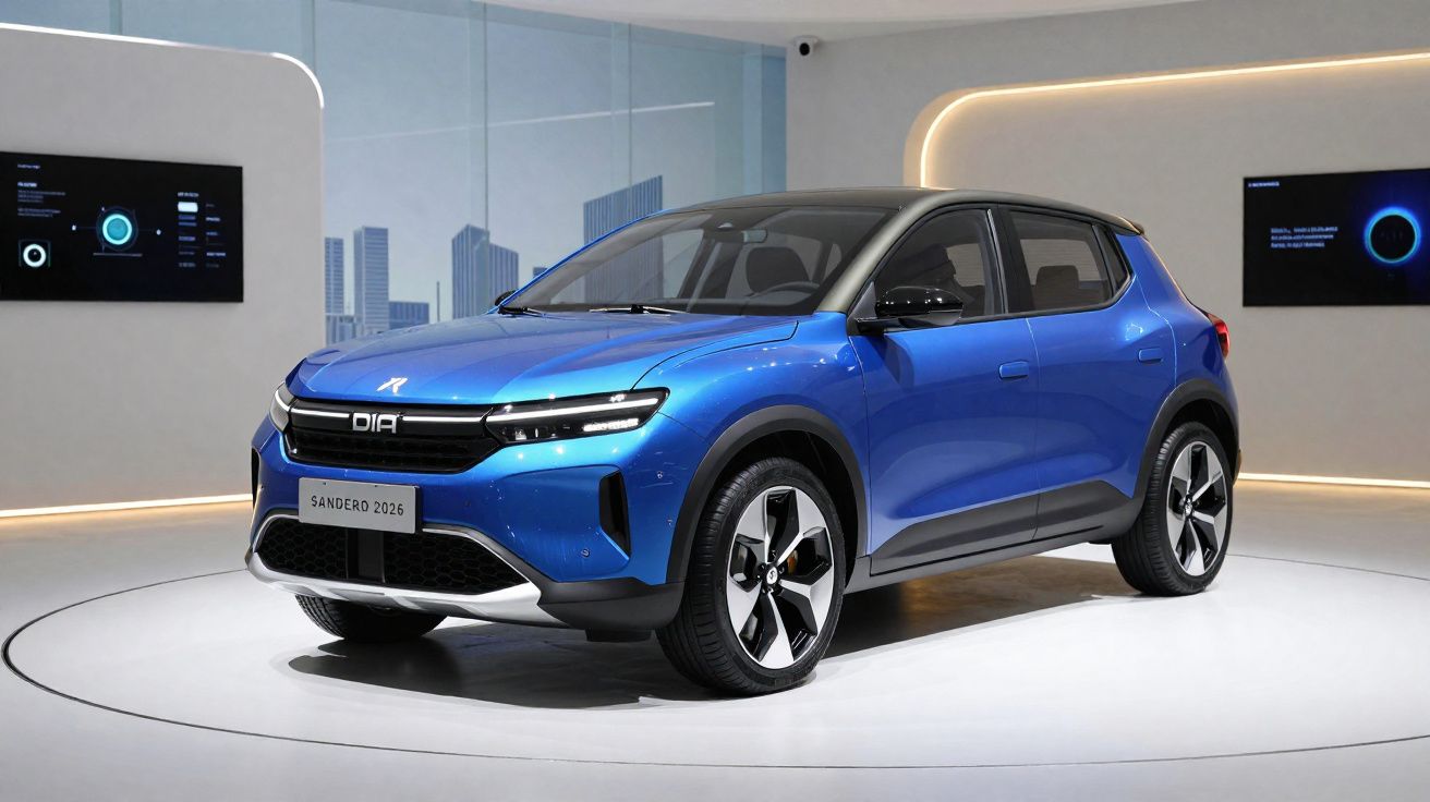 Carro elétrico azul Sandero 2026 apresentado em estande moderno com duas telas de tecnologia ao fundo.