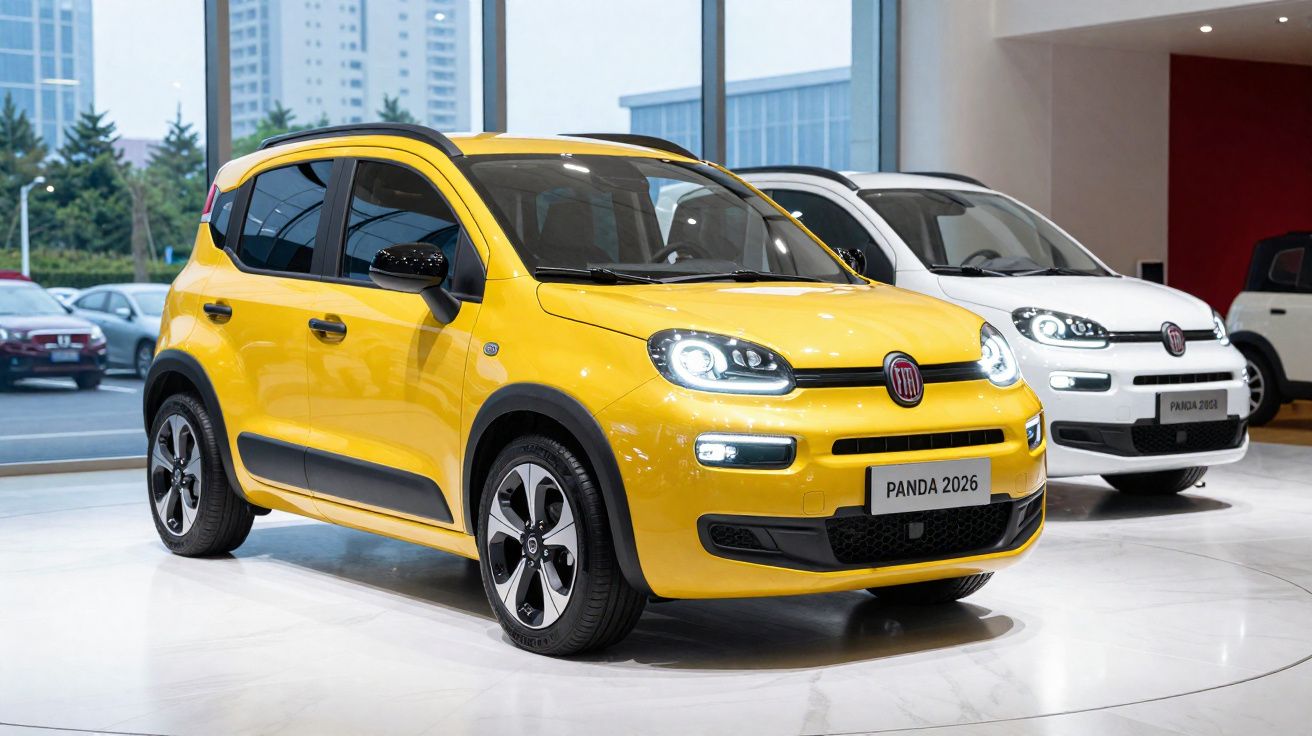 Dois carros Fiat Panda 2026 expostos, sendo o da frente amarelo e o de trás branco.