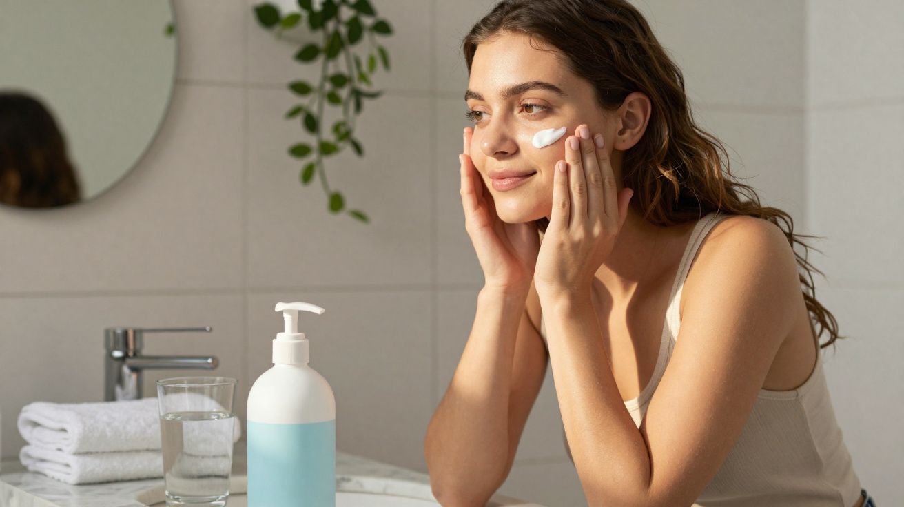 Mulher aplicando creme no rosto em banheiro iluminado com toalhas e dispenser ao fundo.