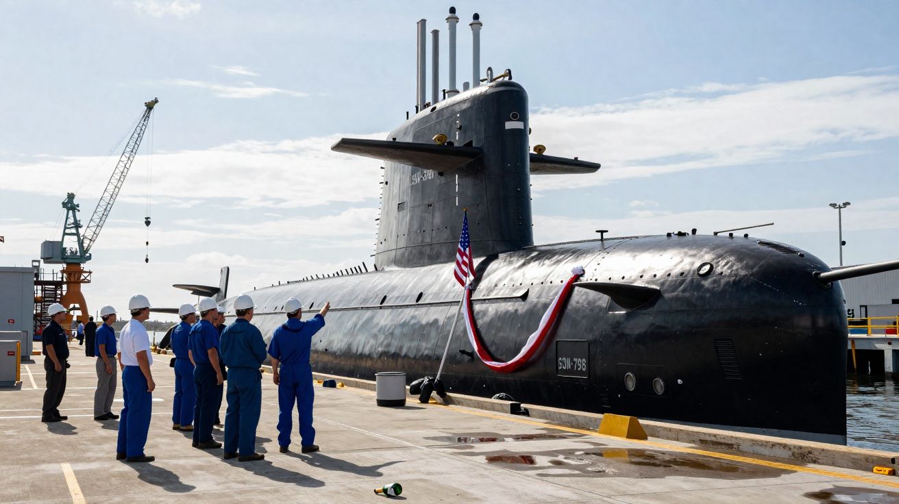 Submarino militar preto atracado em porto com grupo de pessoas em uniformes azuis observando e bandeira americana ao lado.