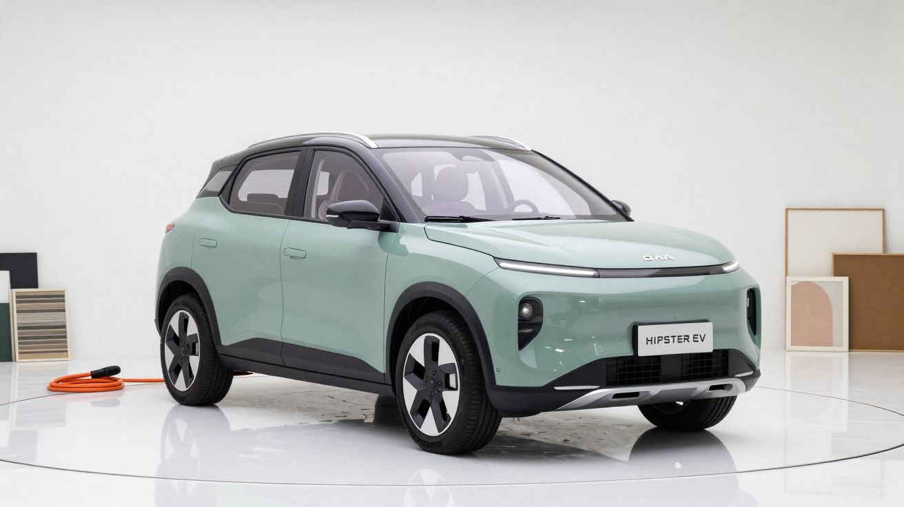 Carro elétrico verde água modelo Hipster EV estacionado em ambiente interno, com cabo de carregamento laranja conectado.