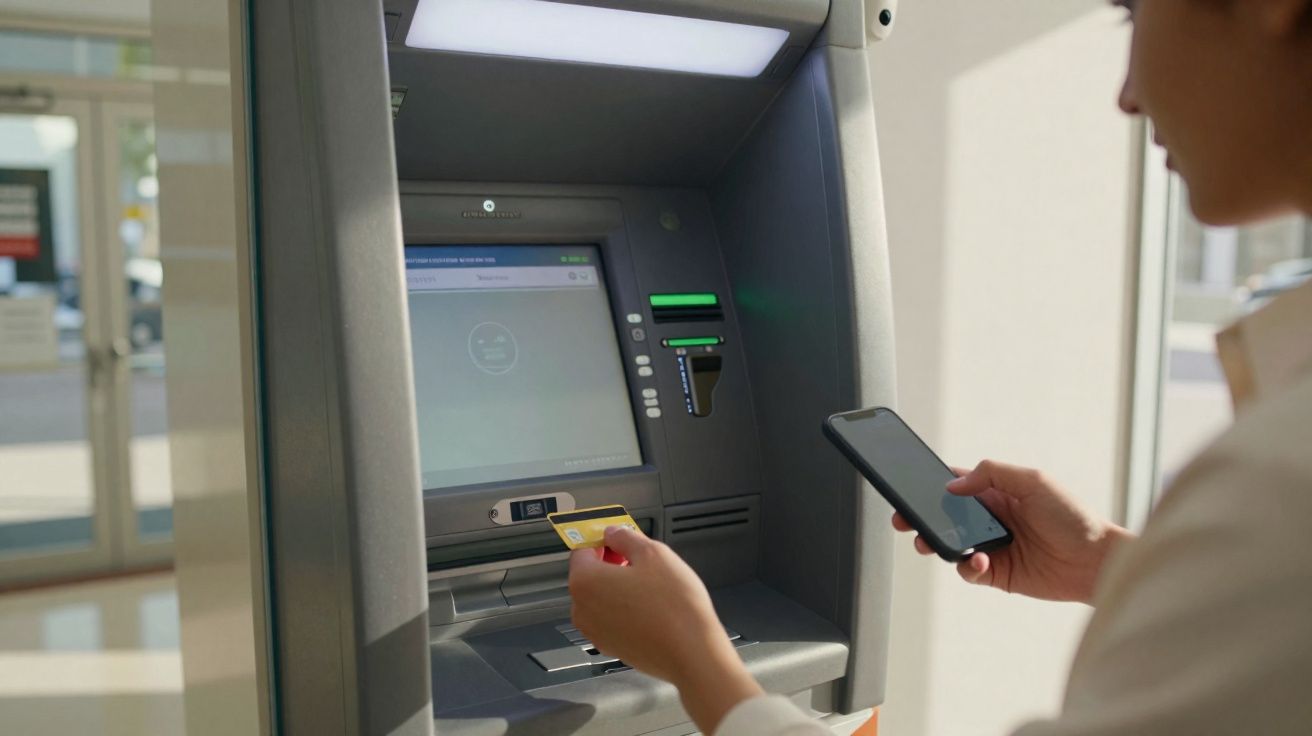 Pessoa usando cartão e celular em caixa eletrônico para transação bancária.