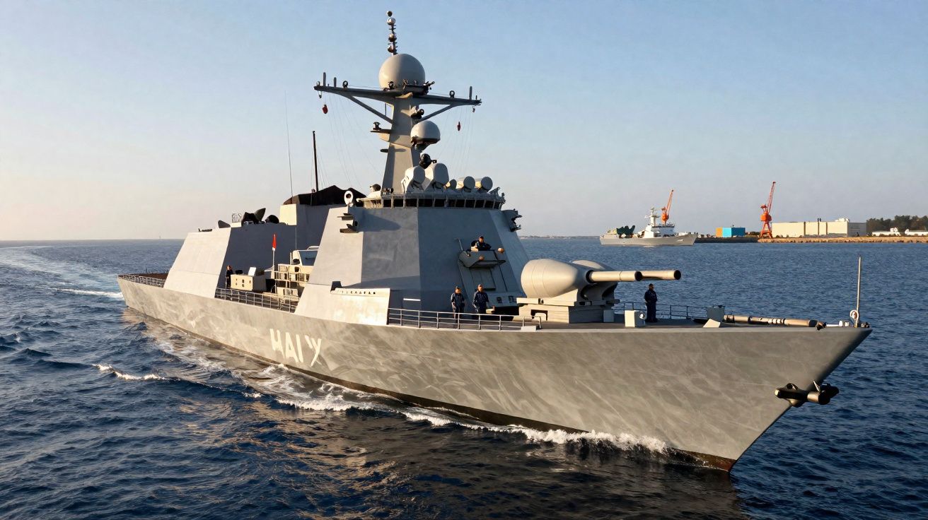 Navio de guerra cinza navegando no mar com tripulantes no convés sob céu claro.