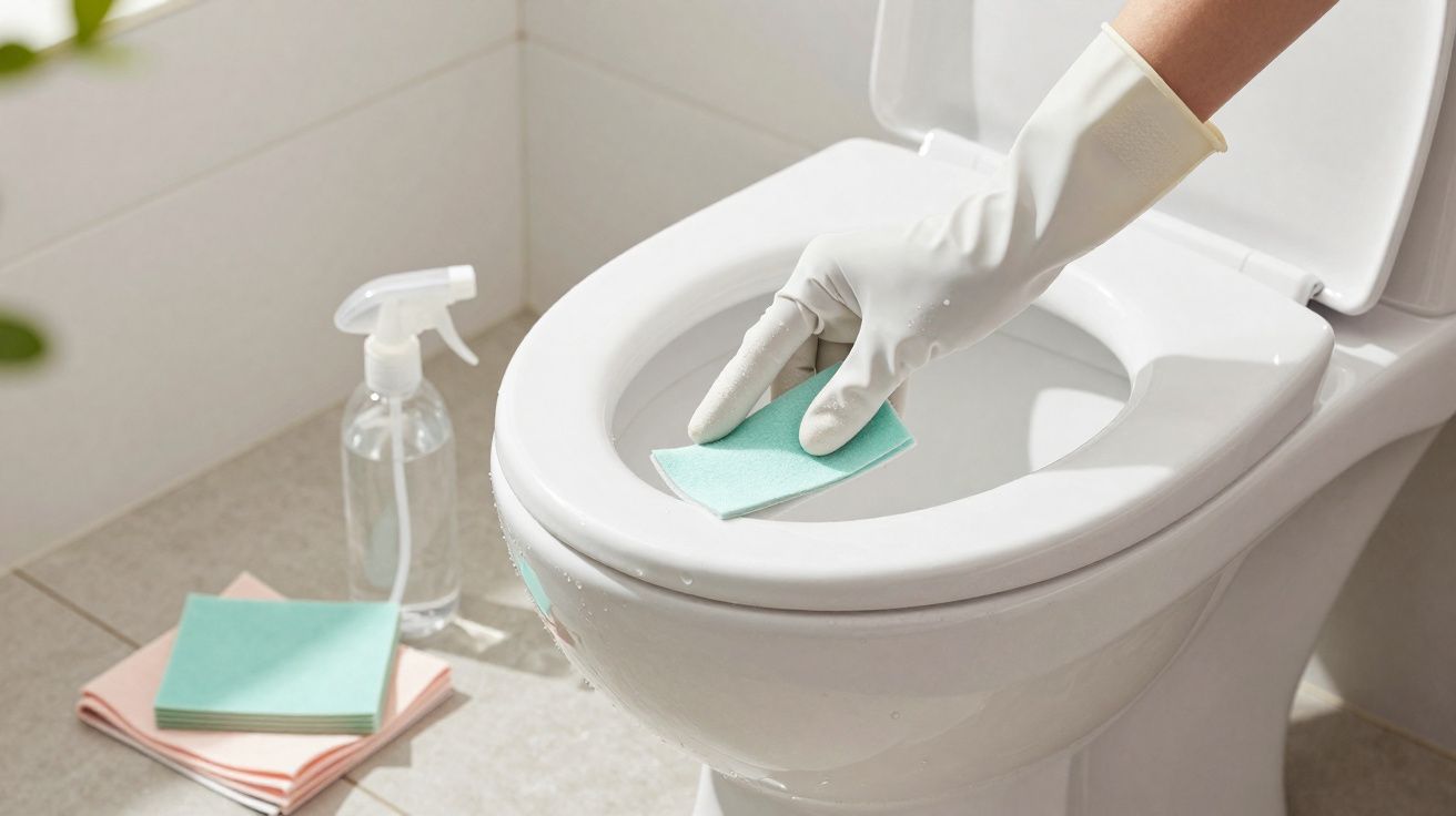 Mão com luva branca limpando a borda interna do vaso sanitário com esponja azul.