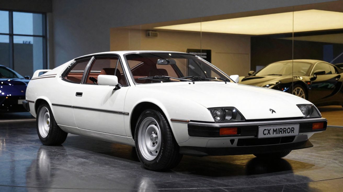 Carro esportivo clássico branco Citroën CX Mirror estacionado em ambiente interno com piso refletor.