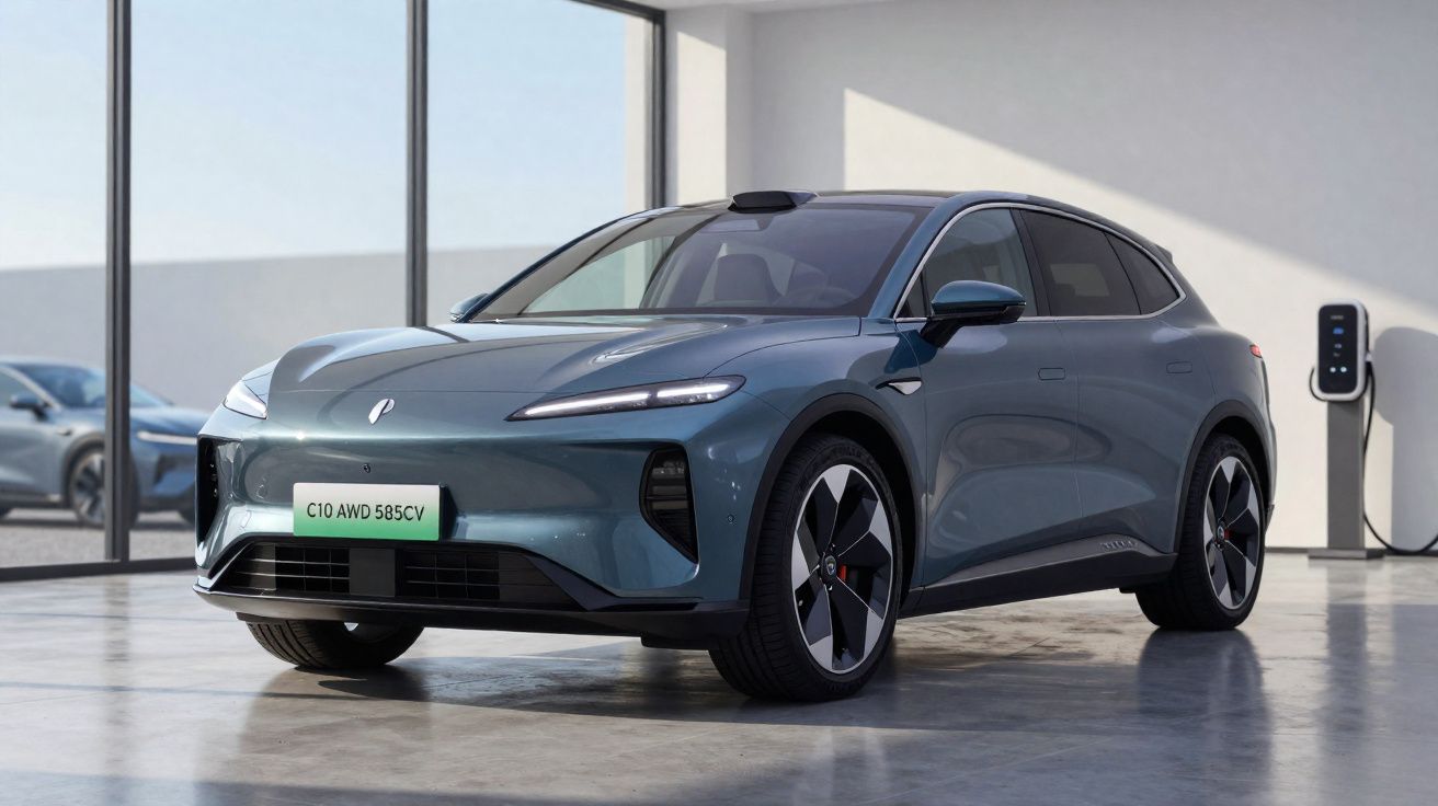 Carro elétrico cinza estacionado em ambiente interno moderno com estação de recarga ao fundo.
