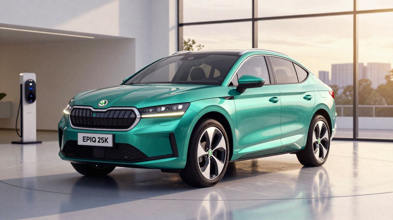 Carro elétrico verde Skoda EPIQ 25K estacionado em ambiente moderno com carregador ao fundo.