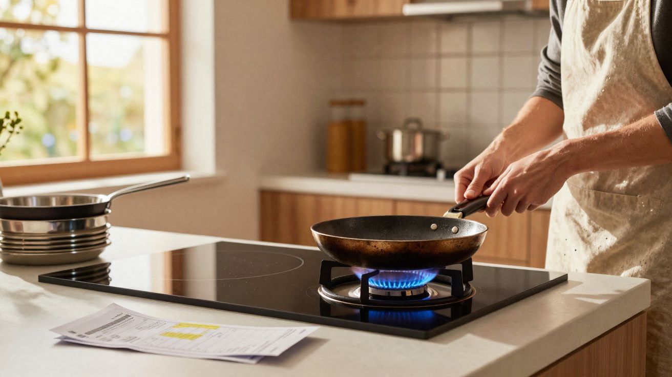 Pessoa de avental segurando frigideira sobre chama azul de fogão a gás em cozinha iluminada por janela.