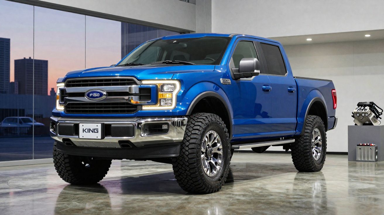 Picape Ford F-150 azul com rodas grandes em ambiente interno moderno.