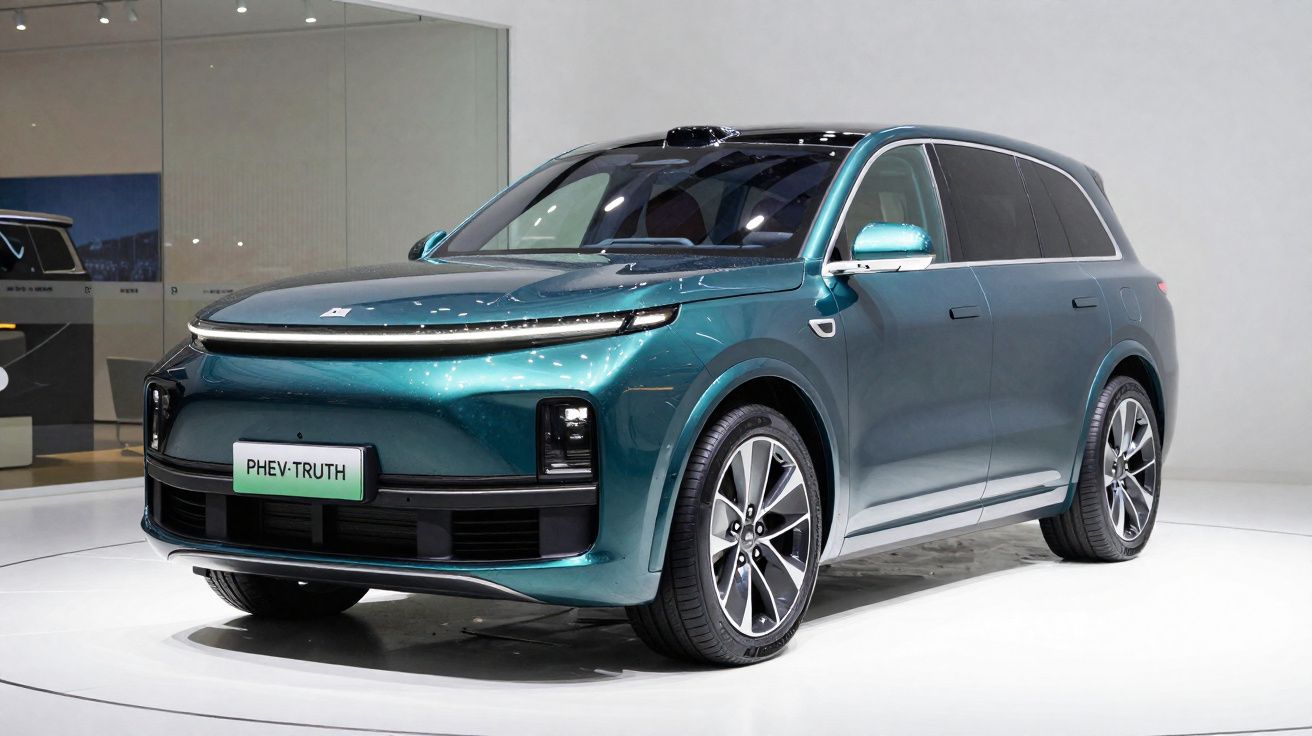 Carro SUV elétrico azul metálico modelo PHEV-TRUTH em exposição sobre plataforma branca.
