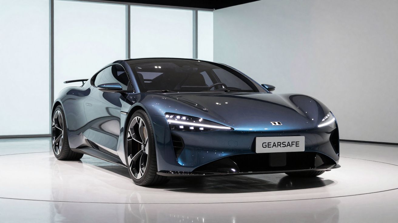 Carro esportivo elétrico azul com design aerodinâmico exposto em ambiente minimalista branco.