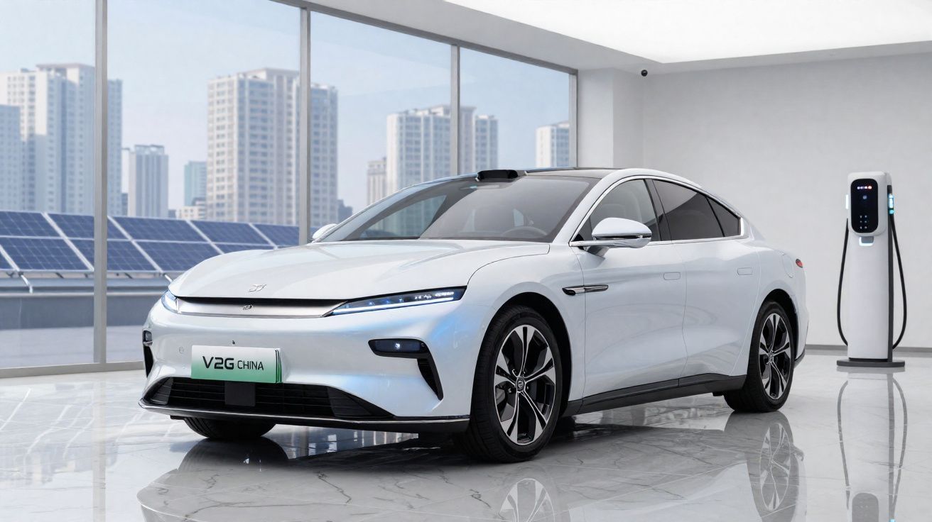 Carro elétrico branco estacionado em showroom ao lado de carregador e painel solar, prédio ao fundo.