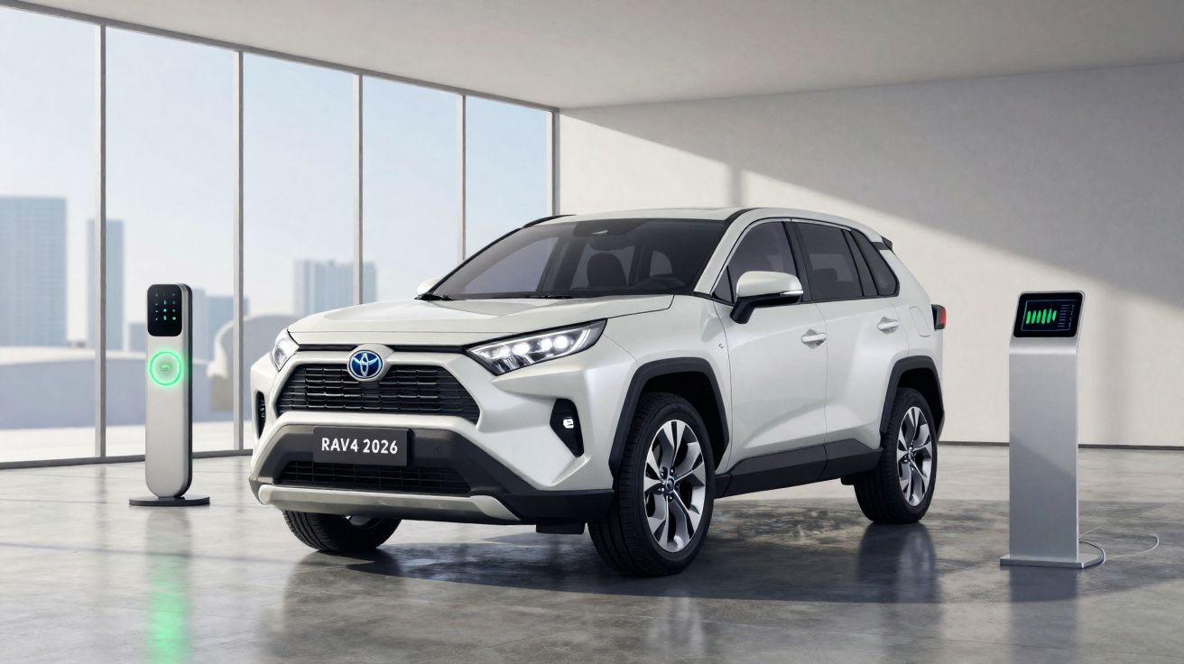 SUV Toyota RAV4 2026 branco estacionado em área interna com carregadores elétricos ao lado.
